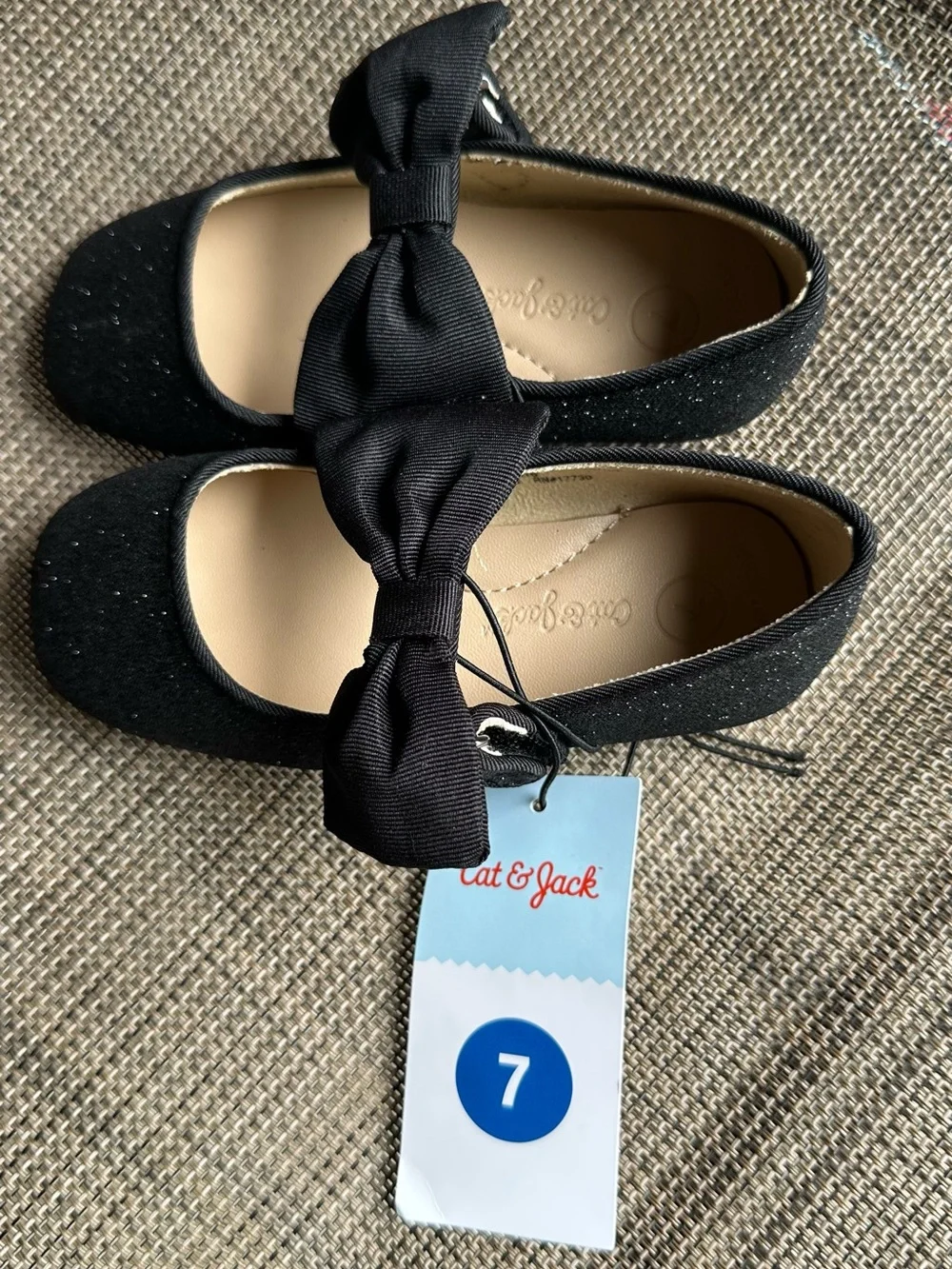 Cat & Jack Black Glitter Bow Ballet Flats - Girls Size 7 NWT